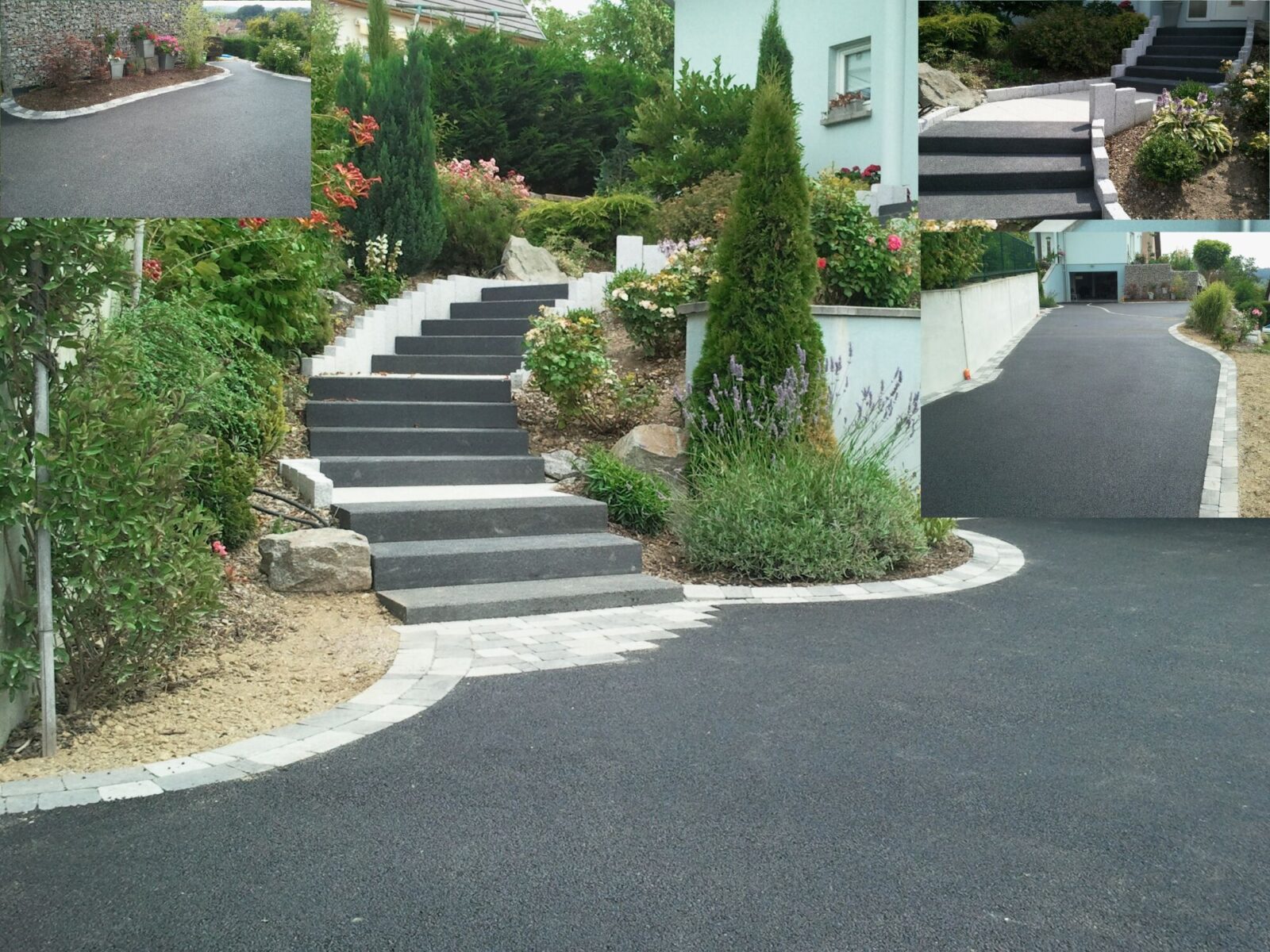 Escalier extérieur en marches bloc et allée en enrobé